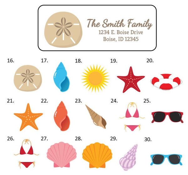 Summer Beach Seashell Address Labels Stickers, 30 personalized labels!