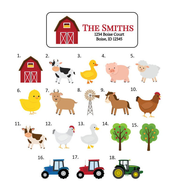 Farm Animal Barn Tractor Address Labels Stickers, 30 personalized labels!