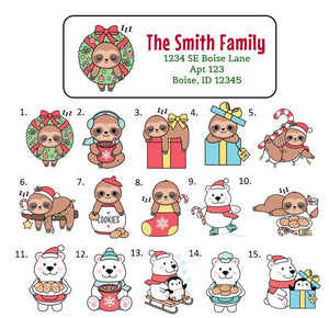 Christmas Sloth Polar Bear Address Labels Stickers, 30 personalized labels!