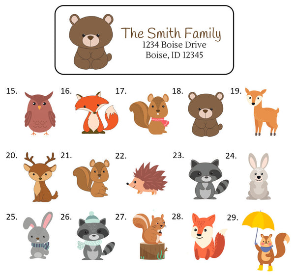 Woodland Animal Address Labels Stickers, 30 personalized labels!
