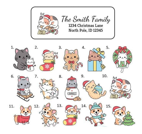 Christmas Cat Dog Address Labels Stickers, 30 personalized labels!