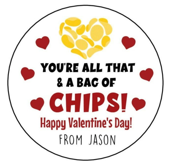 Valentine Chips Stickers, Bag of Chips Valentine's Day Stickers, Personalized Kids Valentine's Day labels