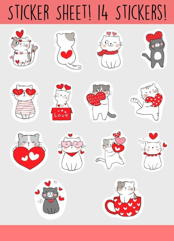Valentine's Day Cat Sticker Sheets, 14 Kiss Cut Stickers