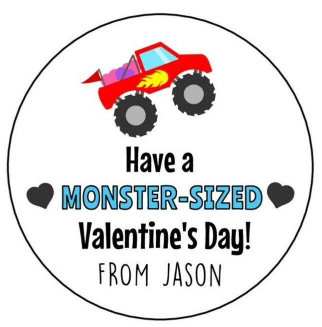 Monster Truck Valentine Stickers, Valentine's Day Stickers, Personalized Kids Valentine's Day labels