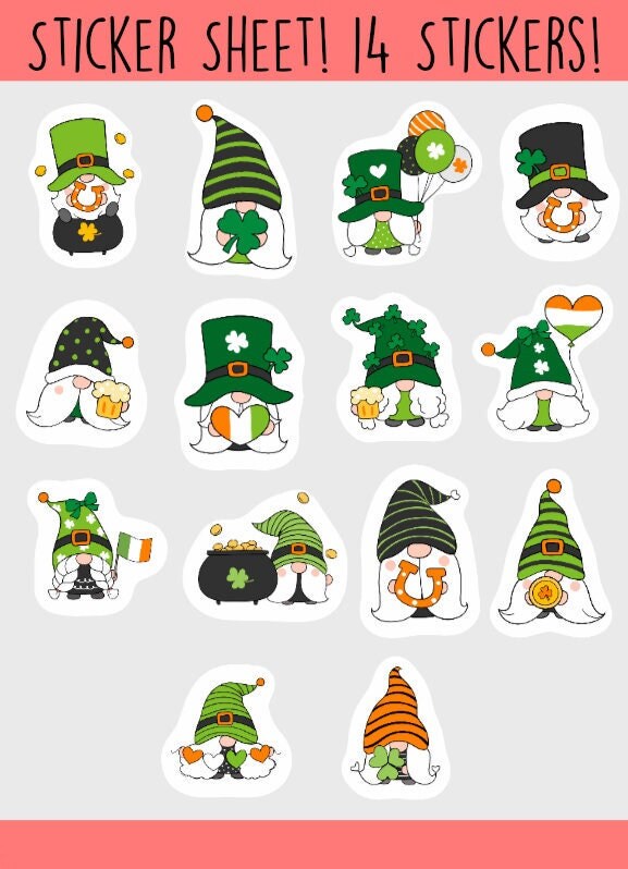 St. Patrick's Day Gnome Sticker Sheets, 14 Kiss Cut Stickers