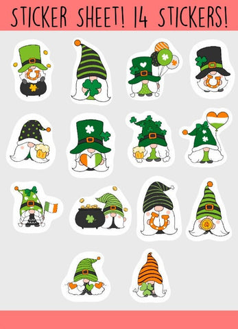 St. Patrick's Day Gnome Sticker Sheets, 14 Kiss Cut Stickers