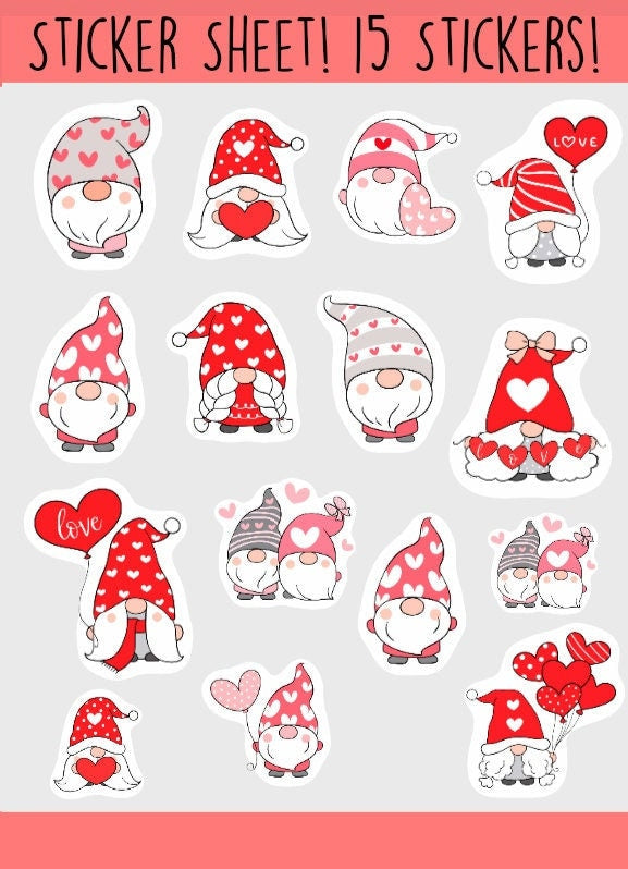 Valentine's Day Gnome Sticker Sheets, 15 Kiss Cut Stickers