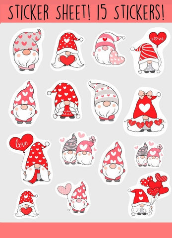 Valentine's Day Gnome Sticker Sheets, 15 Kiss Cut Stickers